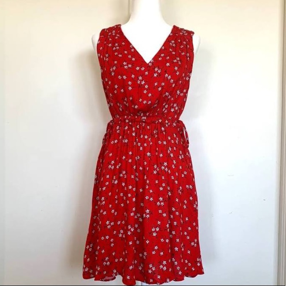 Red floral print dress.